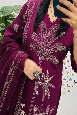 Purple embroidered v neck  cotton kurta trouser dupatta set 2