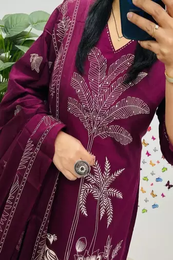 Purple embroidered v neck  cotton kurta trouser dupatta set