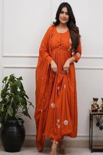 Orange floral embroidered round neck pure cotton kurta trouser dupatta set