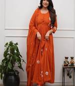 orange floral embroidered round neck cotton kurta trouser dupatta set
