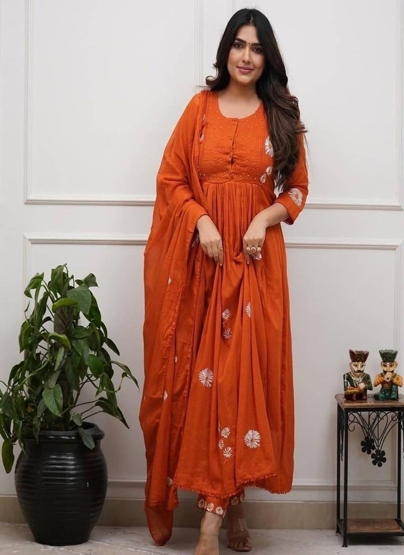 Orange floral embroidered round neck pure cotton kurta trouser dupatta set