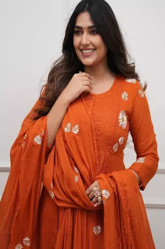 orange floral embroidered round neck cotton kurta trouser dupatta set
