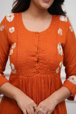 orange floral embroidered round neck cotton kurta trouser dupatta set 3