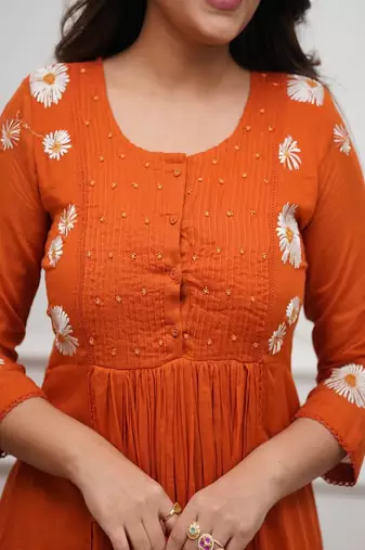orange floral embroidered round neck cotton kurta trouser dupatta set
