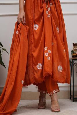 orange floral embroidered round neck cotton kurta trouser dupatta set 4