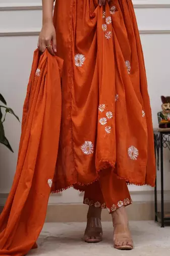 orange floral embroidered round neck cotton kurta trouser dupatta set