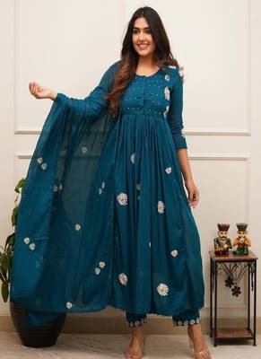 Blue embroidered round neck  cotton kurta trouser dupatta set 1