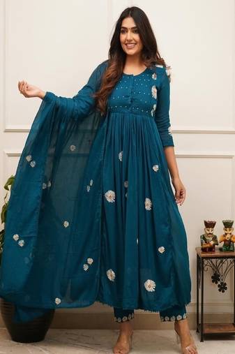 Blue embroidered round neck pure cotton kurta trouser dupatta set