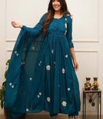 Blue embroidered round neck pure cotton kurta trouser dupatta set