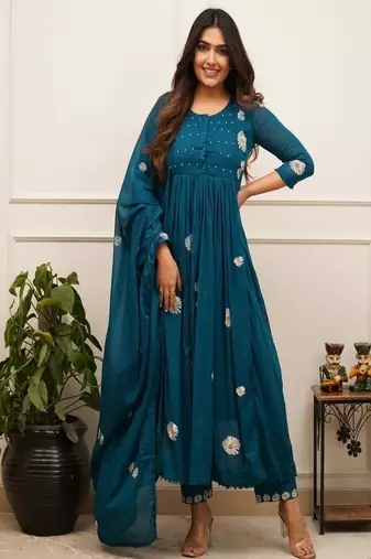 Blue embroidered round neck  cotton kurta trouser dupatta set