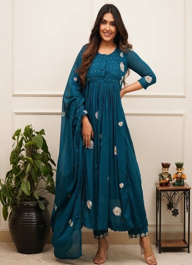 Blue embroidered round neck pure cotton kurta trouser dupatta set