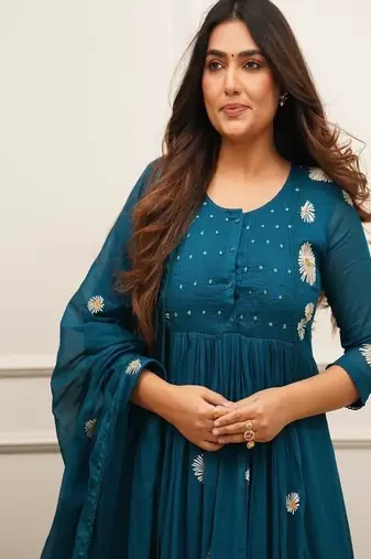 Blue embroidered round neck  cotton kurta trouser dupatta set