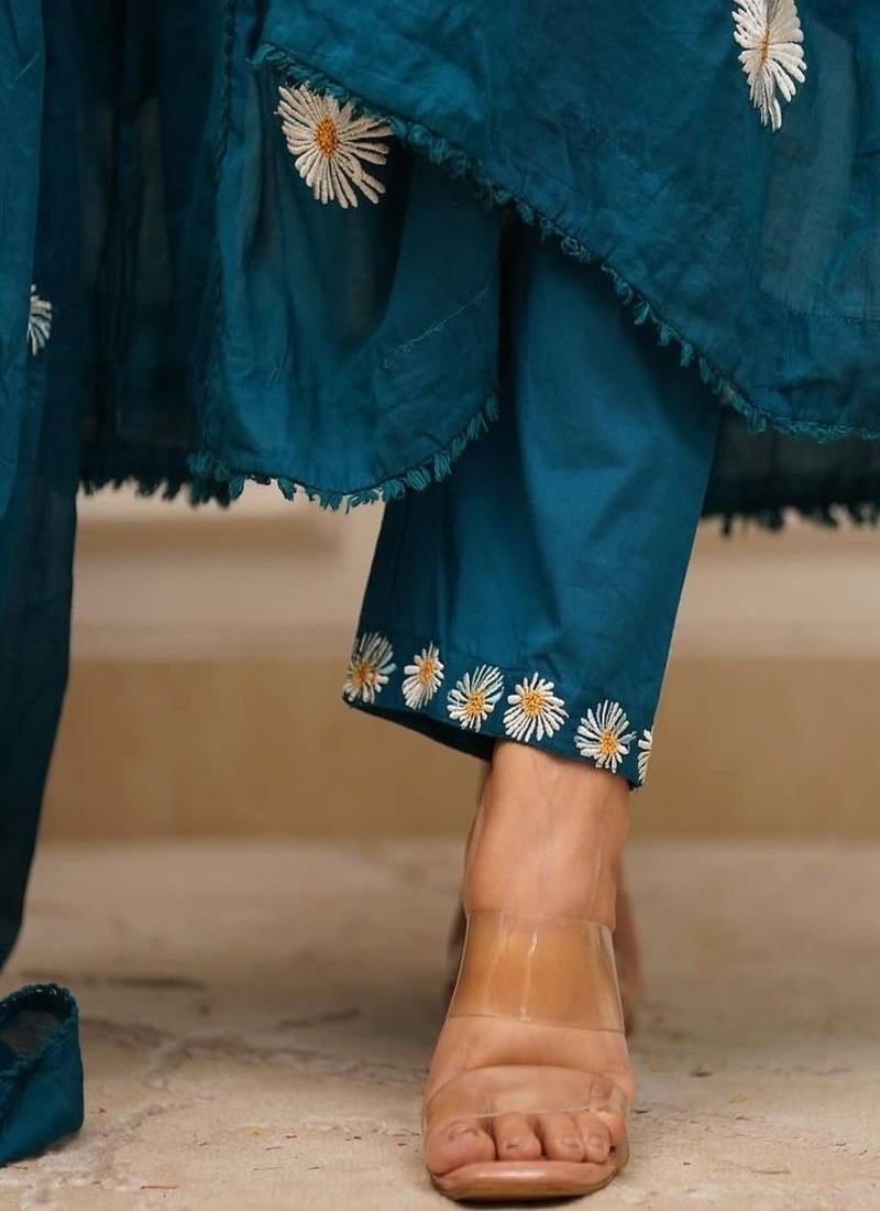 Blue embroidered round neck pure cotton kurta trouser dupatta set