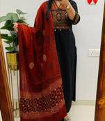 Black floral embroidered v neck pure cotton kurta trouser dupatta set