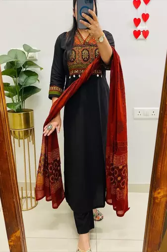 black floral embroidered cotton kurta trouser dupatta set