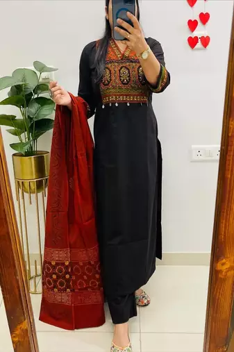 black floral embroidered cotton kurta trouser dupatta set