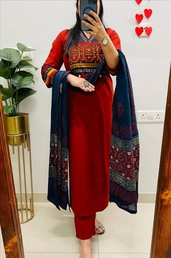 Red embroidered v neck pure cotton kurta trouser dupatta set