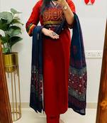 Red embroidered v neck pure cotton kurta trouser dupatta set