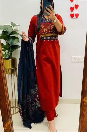 Red embroidered v neck  cotton kurta trouser dupatta set
