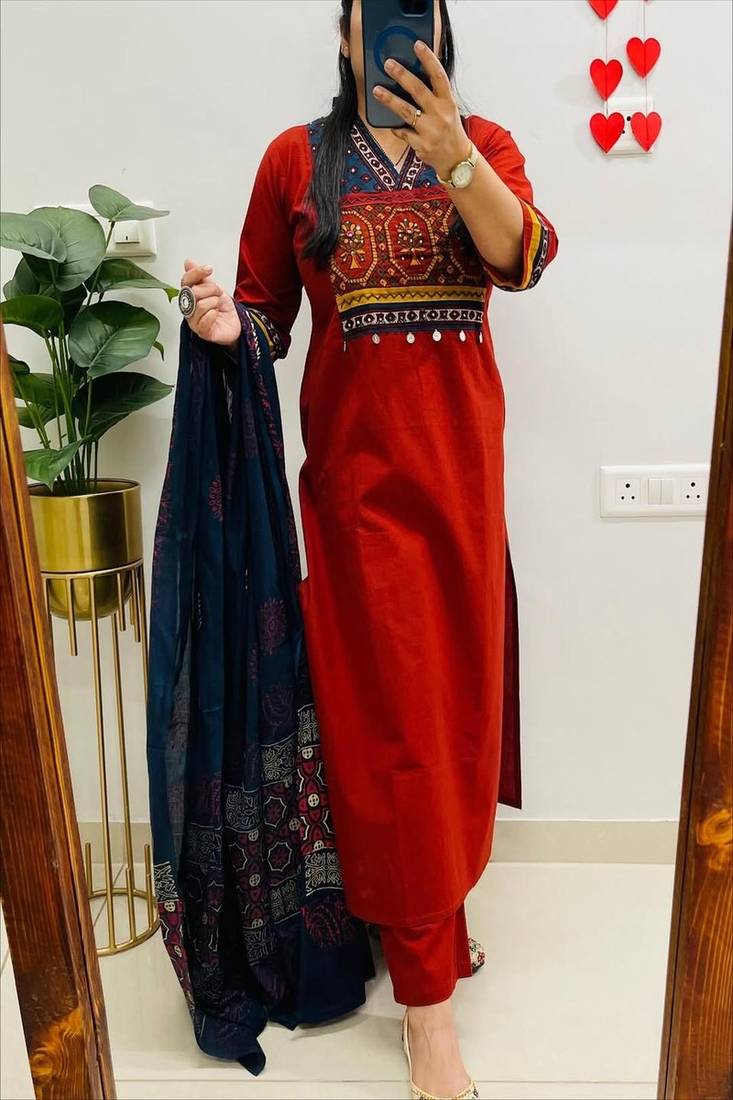 Red embroidered v neck pure cotton kurta trouser dupatta set