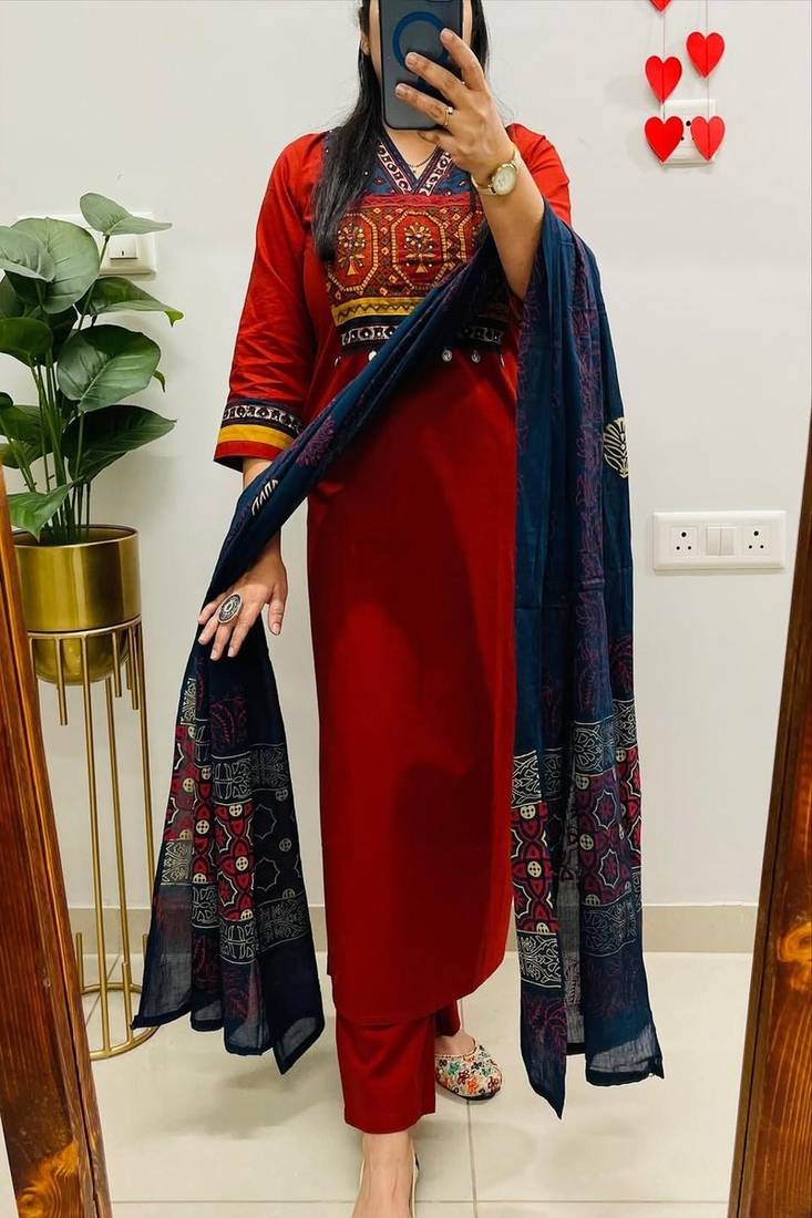 Red embroidered v neck pure cotton kurta trouser dupatta set