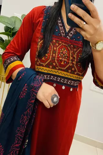 Red embroidered v neck  cotton kurta trouser dupatta set