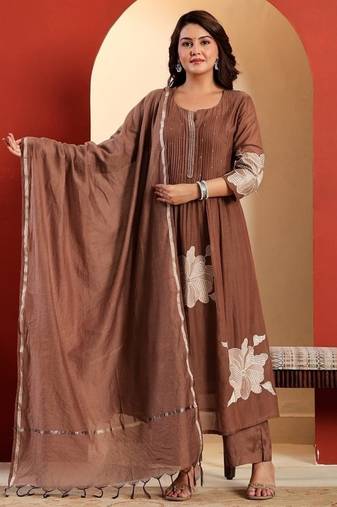 Brown floral embroidered round neck pure cotton kurta trouser dupatta set