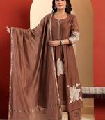 brown floral embroidered round neck cotton kurta trouser dupatta set