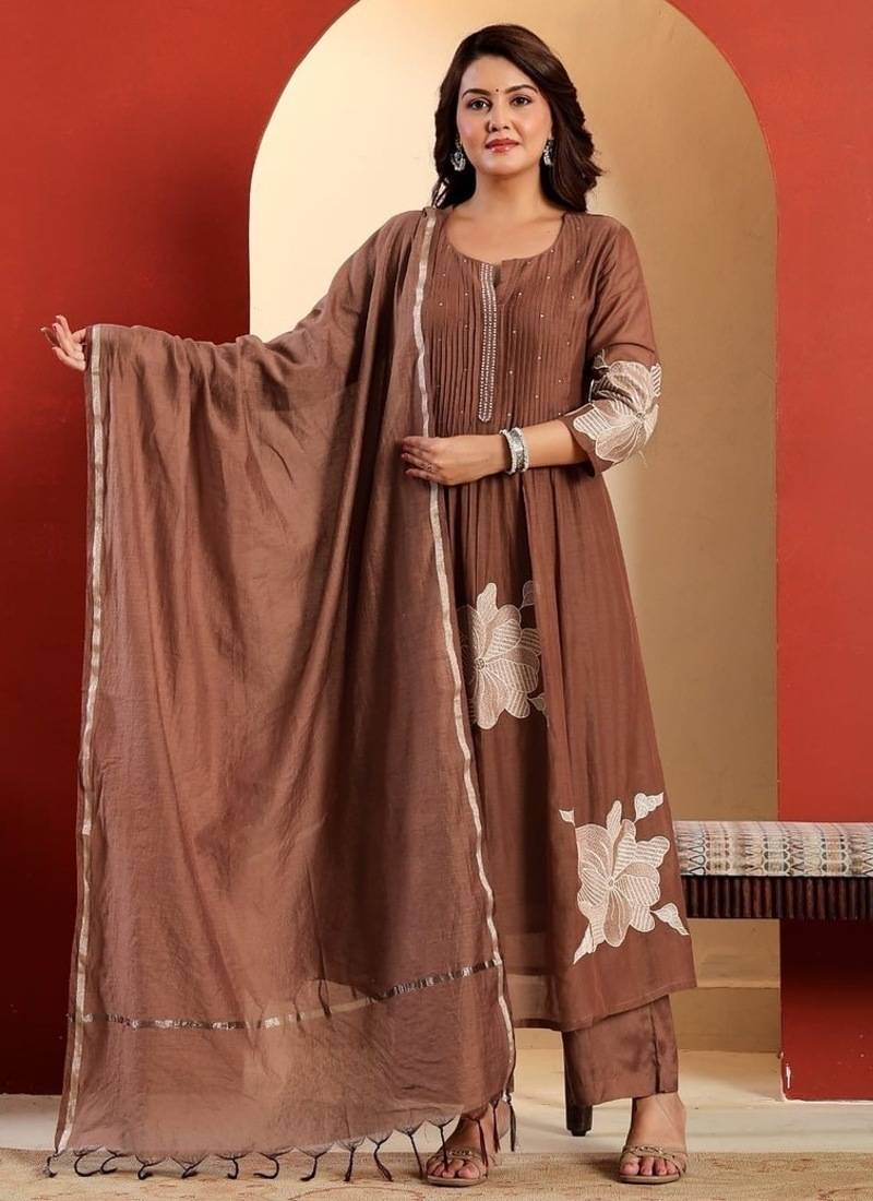 Brown floral embroidered round neck pure cotton kurta trouser dupatta set