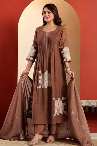 brown floral embroidered round neck cotton kurta trouser dupatta set