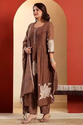 brown floral embroidered round neck cotton kurta trouser dupatta set