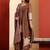 Brown floral embroidered round neck pure cotton kurta trouser dupatta set