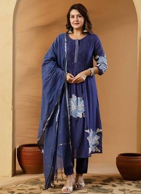 Blue embroidered round neck  cotton kurta trouser dupatta set 1