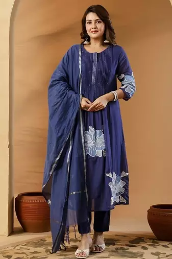 Blue floral embroidered round neck pure cotton kurta trouser dupatta set