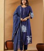 Blue embroidered round neck pure cotton kurta trouser dupatta set
