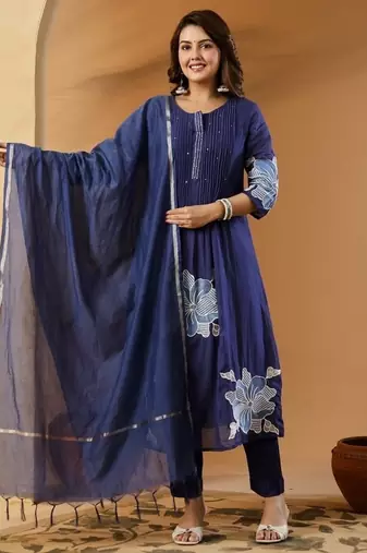 Blue embroidered round neck  cotton kurta trouser dupatta set