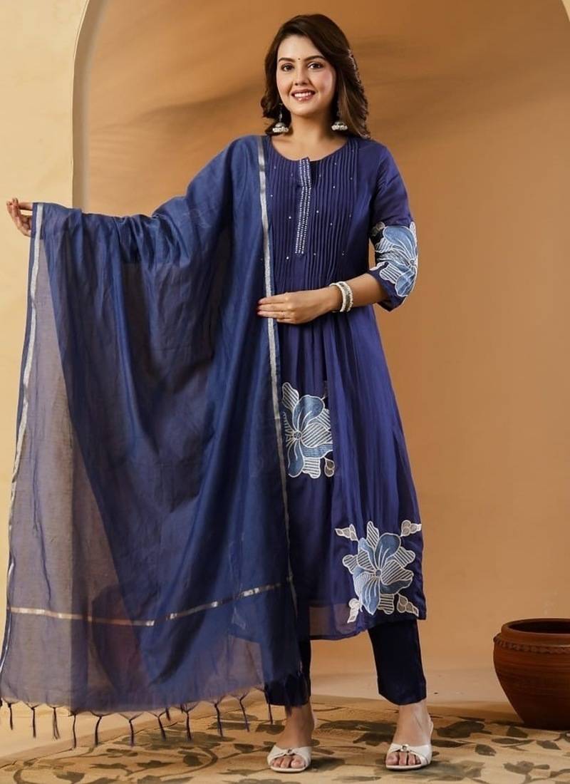 Blue embroidered round neck pure cotton kurta trouser dupatta set