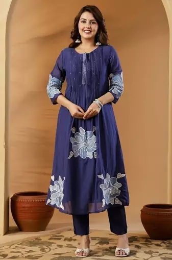 Blue embroidered round neck  cotton kurta trouser dupatta set