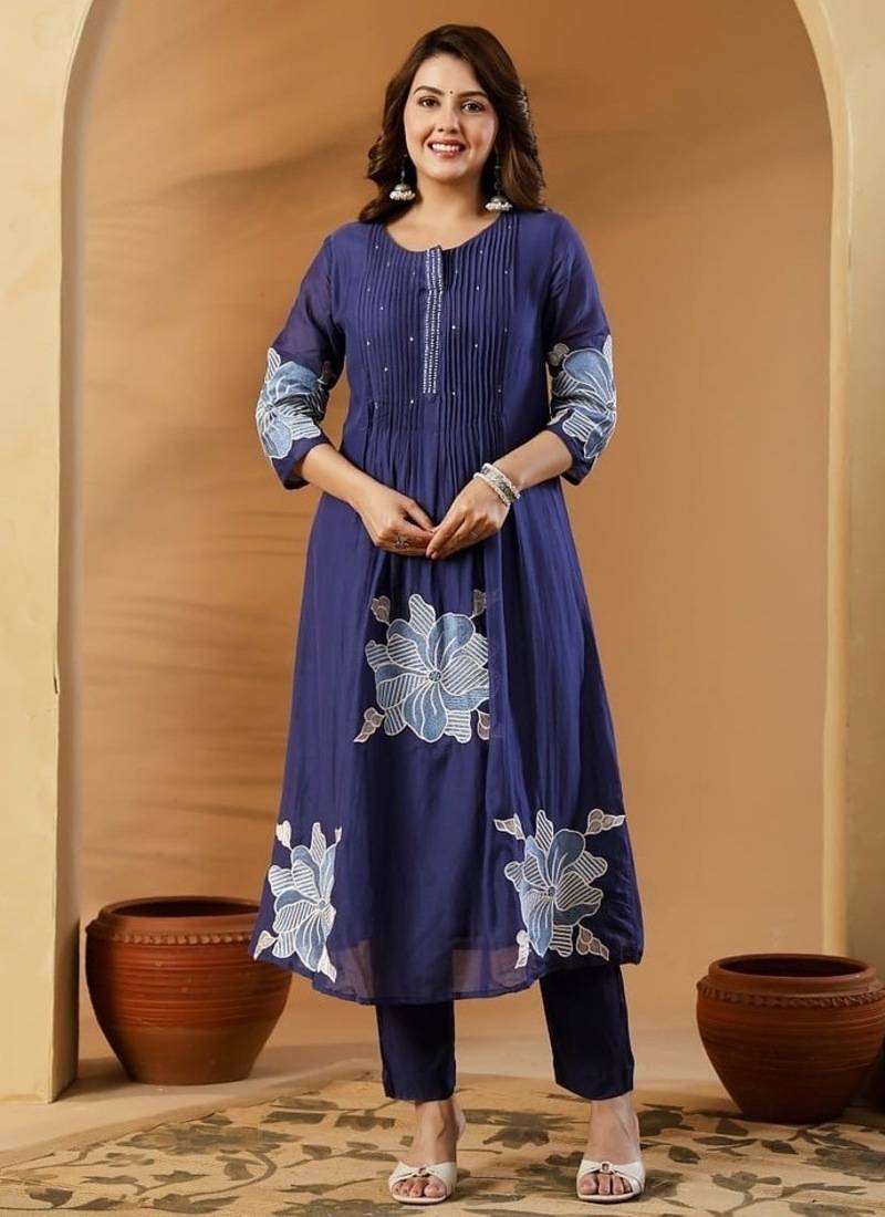 Blue embroidered round neck pure cotton kurta trouser dupatta set