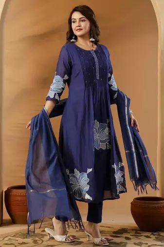 Blue embroidered round neck  cotton kurta trouser dupatta set