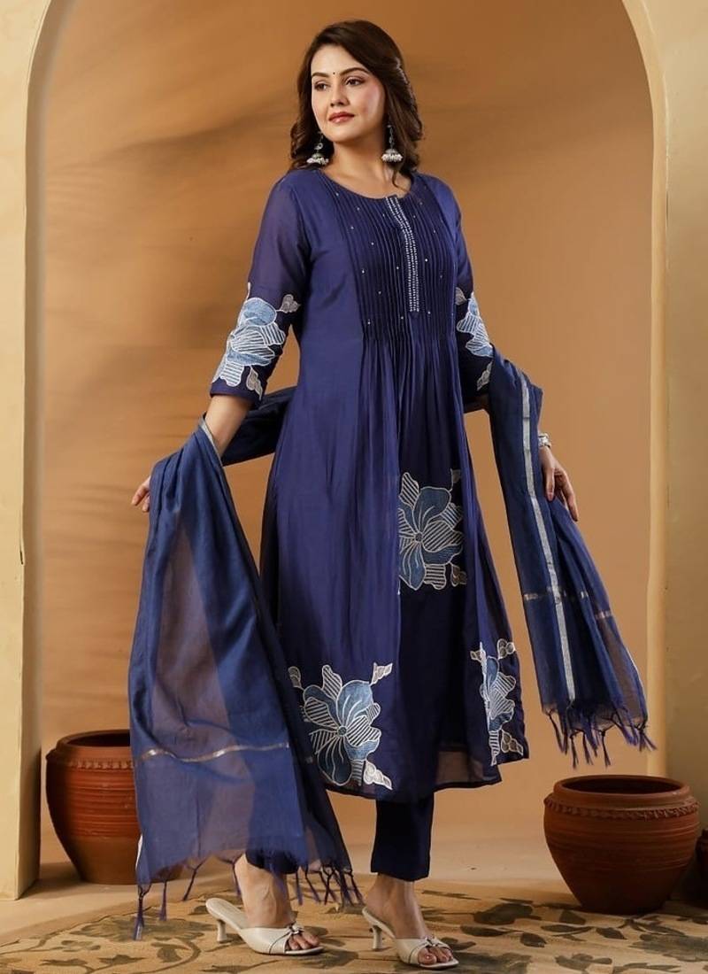 Blue embroidered round neck pure cotton kurta trouser dupatta set