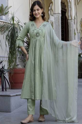 Green embroidered v neck pure cotton kurta trouser dupatta set