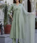 green embroidered cotton kurta trouser dupatta set