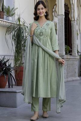 green embroidered cotton kurta trouser dupatta set 2