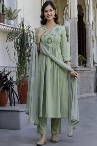 green embroidered cotton kurta trouser dupatta set