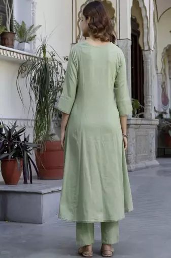 green embroidered cotton kurta trouser dupatta set