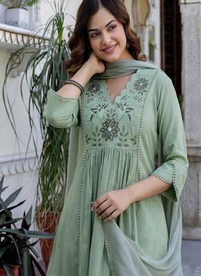 green embroidered cotton kurta trouser dupatta set 4