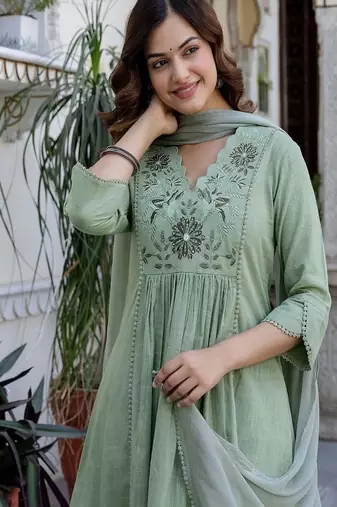 green embroidered cotton kurta trouser dupatta set