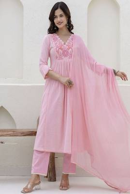 pink embroidered cotton kurta trouser dupatta set 1
