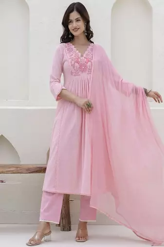 Pink embroidered v neck pure cotton kurta trouser dupatta set